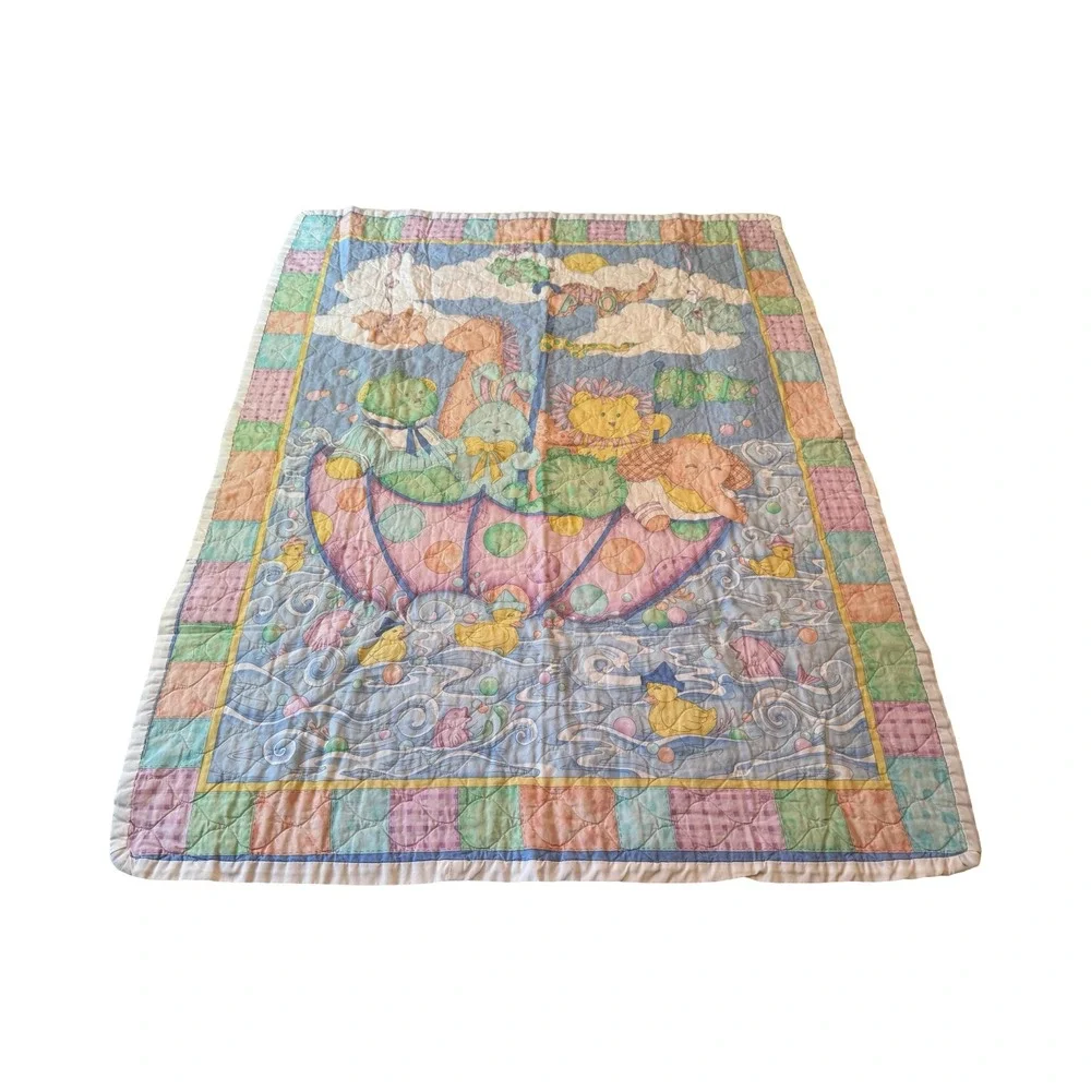 Vintage Noahs Ark Baby Quilt Pastel Patchwork Animals Nursery Blanket Multicolor